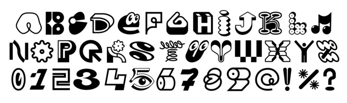 Quirky decorative alphabet with unique characters, numbers and symbols in bold black-and-white style. Each letter features playful details. Perfect for branding, posters and typography projects.