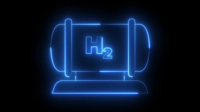 glowing neon Hydrogen gas tank icon isolated on black background. 4k video animation.