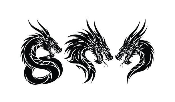 Three Intricate Black and White Dragon Heads, Mythical Creatures with Detailed Scales and Horns, Fantasy Art Illustration, Mystical and Powerful Mood