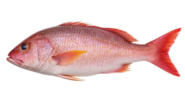 Whole red snapper fish with pink scales and red fins, isolated on transparent background