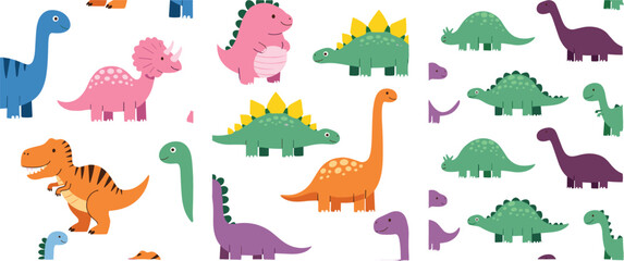 Colorful Cute Flat Design Dinosaur Character Collection Set with T-Rex, Stegosaurus, and Brontosaurus for Kids and Nursery Designs © mdnazrul