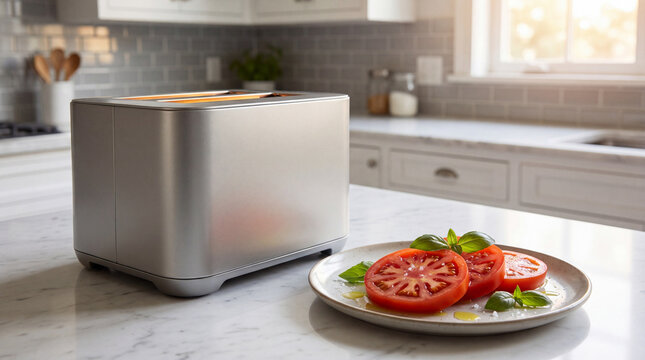 Modern Stainless Steel Toaster with Fresh Sliced Tomatoes.
