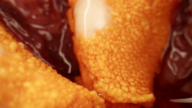 Seafood Closeup view of fresh sea urchins, Pseudechinus magellanicus, in a white bowl. Chef opening japanese uni, raw bar crudo delicatessen 