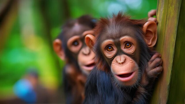 Close-up of two chimpanzees surrounded by lush green nature, capturing connection, expressive faces, and wildlife intimacy in a natural habitat.