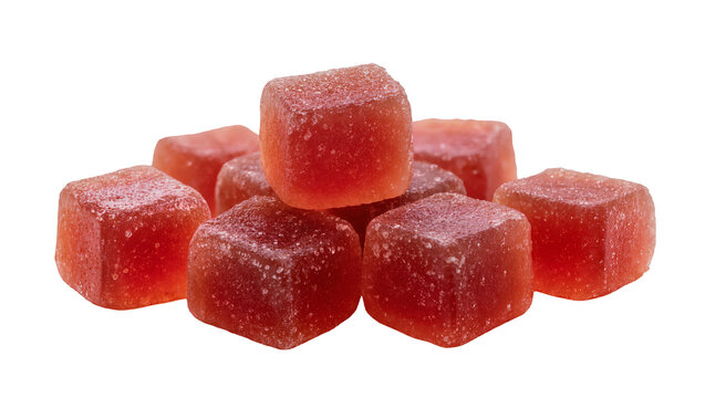 Pile of red gummy candies dusted with sugar, isolated on transparent background
