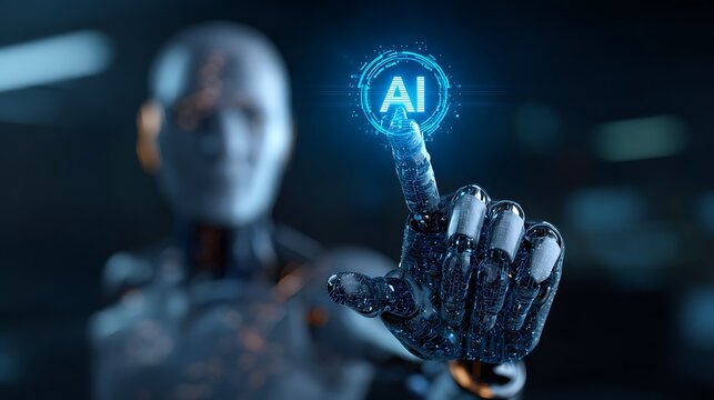 Futuristic ai holographic projection emerging from robotic hand with blue glowing