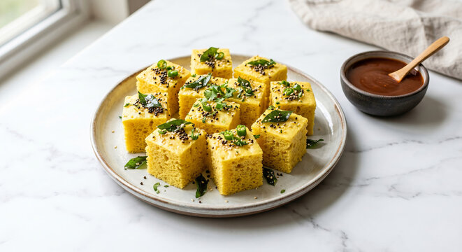 Soft and Spongy Gujarati Khaman Dhokla with Mustard Tempering. A healthy steamed savory cake made from gram flour, garnished with curry leaves and green chilies. Popular Gujarati snack.