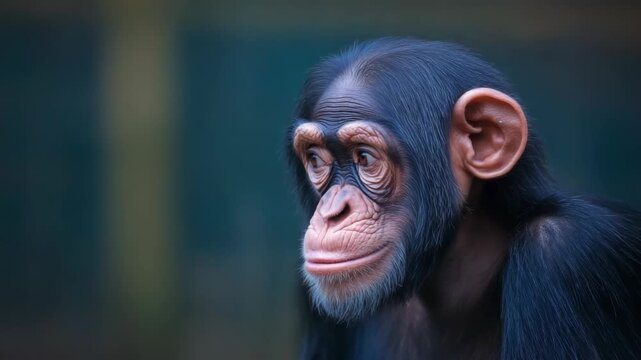 Close-up face of a chimpanzee, capturing expressive eyes, detailed facial features, and the intelligence of this primate in a natural setting.