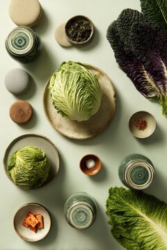 Kimchi fermentation setup with plain jars, ceramic weights, cabbage leaves and seasoning bowls organ
