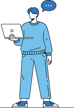 Cartoon character vector holding laptop with speech bubble symbolizing digital communication and online interaction