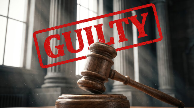 Judge gavel with guilty verdict stamp in courtroom, criminal conviction and justice concept. 