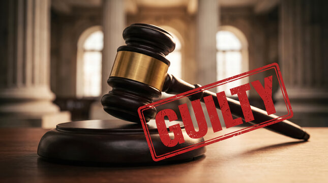 Judge gavel with guilty verdict stamp in courtroom, criminal conviction and justice concept. 