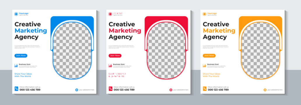 Three creative marketing agency flyer templates with vibrant color schemes