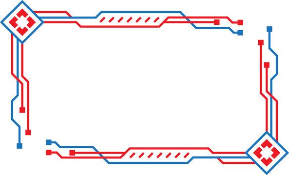 A digital frame with red and blue lines and square-shaped decorations