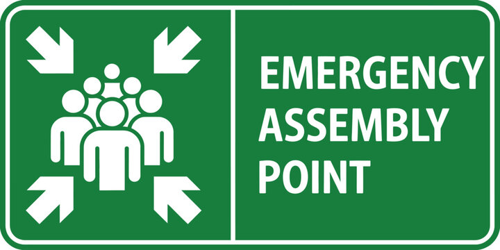 Emergency, assembly point sign label banner poster, safety evacuation symbol, isolated printable vector illustration template design.