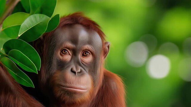 Close-up of an orangutan in lush green forest, capturing expressive eyes, rich fur detail, and the beauty of wildlife in a natural habitat.