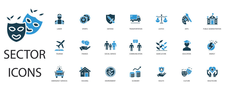 sector  icons set outline and Flat Style,transparent background