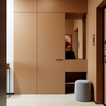 3D rendering of an entryway interior featuring a large, built-in terracotta-colored wardrobe with an open shelf, a mirror, and a pouf.