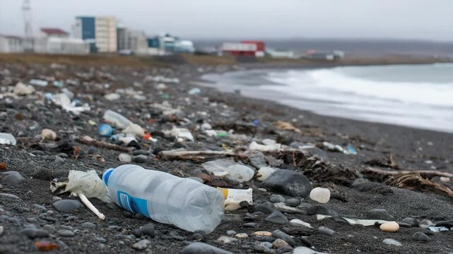 Polluted river shore covered with plastic bottles and trash, highlighting environmental damage, waste pollution, and ecological crisis in natural waterways.