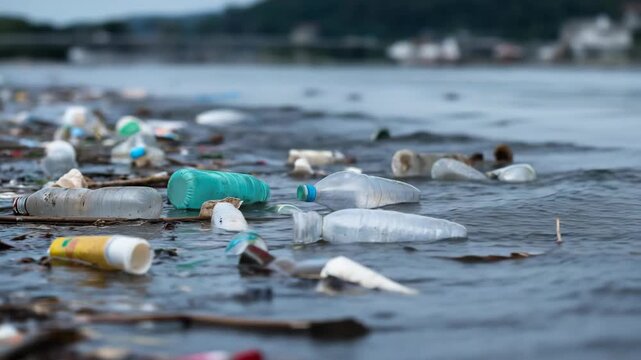 Polluted river shore covered with plastic bottles and trash, highlighting environmental damage, waste pollution, and ecological crisis in natural waterways.