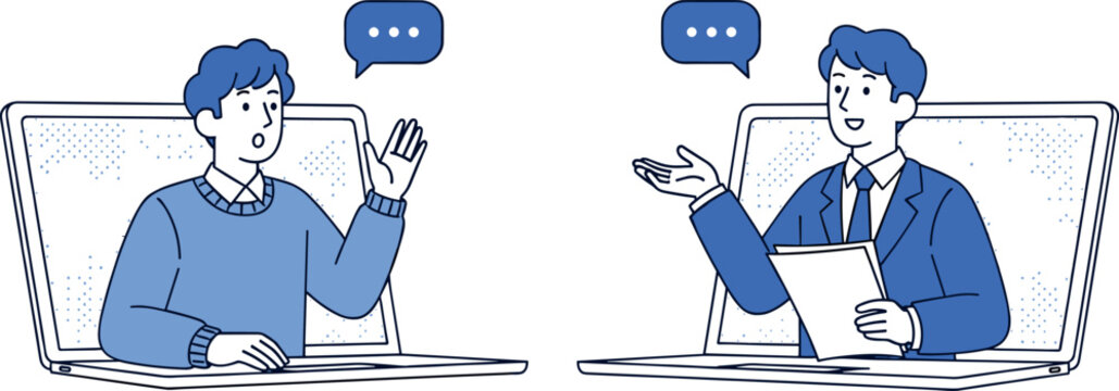 Vector illustration of people communicating through laptops with speech bubbles symbolizing online meeting discussion