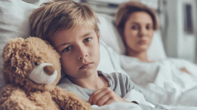Young boy sulking beside his mother on the same bed, showing family emotions, comfort, and a quiet moment of childhood mood and care.