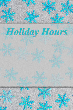 Holiday hours winter banner with blue snowflakes
