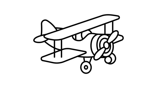 Minimalist Black Line Vector Icon of a Small Toy Biplane on a White Background, Featuring an Editable Stroke for Customizable Line Weight, Perfect for Child-Themed Graphic Design Projects.