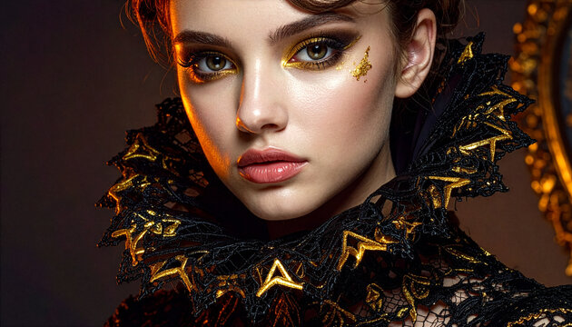 beauty shot of a model wearing an intricate lace collar