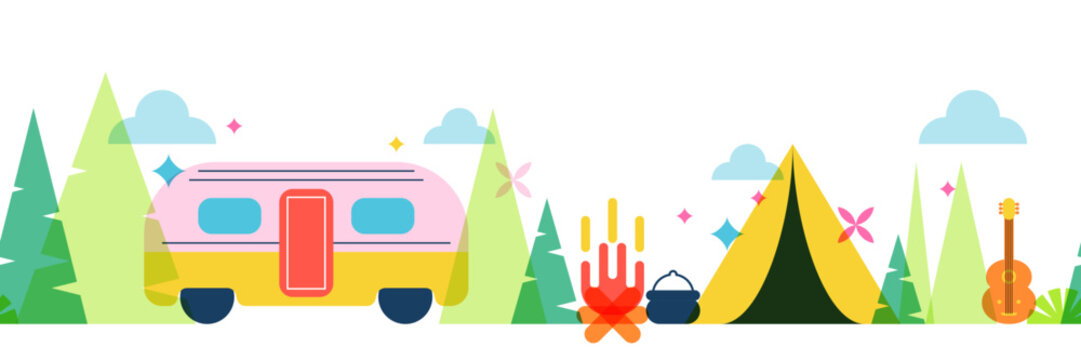 Summer camping seamless horizontal background. Tent, motorhome, pine trees, campfire vector outdoor travel illustration