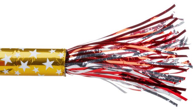 Gold party popper with white stars and red silver streamers, isolated on transparent background