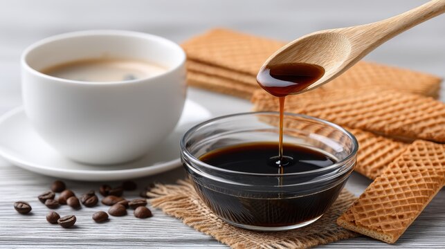 A glass bowl holds a t-shaped arrangement of chocolate and wafers on a dark wood table with plates and mugs nearby