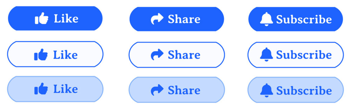 Minimal Blue and White Alternating Rounded Social Media UI Button Set with Like Share Subscribe Icons, Clean Simple Interface Design, Outline Styles, Easy to Use Web and Mobile UI Elements