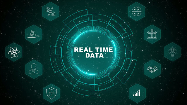 Real time data analytics concept with digital processing system and modern information technology interface animation background 4k