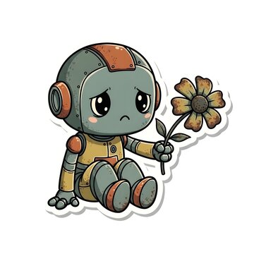 Sad little robot holding a dying flower, expressing grief or apology.
