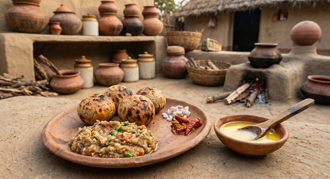 Traditional Bihar Litti Chokha with Roasted Eggplant Mash. Charcoal-grilled wheat balls stuffed with sattu, served with spicy mashed vegetables and melted ghee. Authentic rustic Indian meal.