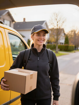 Smiling female delivery driver holds a package beside a yellow van in a sunny neighborhood, conveying friendly service and reliable logistics.