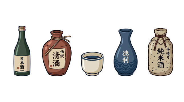Japanese sake bottles, carafe, and cup illustration set featuring various traditional Japanese alcoholic beverages and drinking vessels in a charming doodle style.