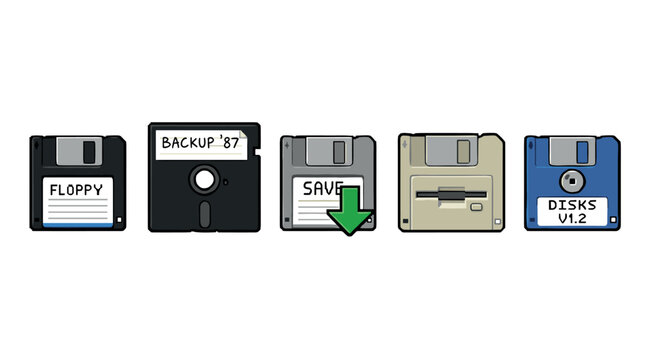 Five colorful retro floppy disks lined up horizontally showcasing vintage computer data storage technology and digital information backup concepts from the past.