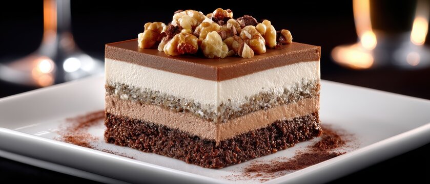 A multi-layered dessert sits on a rectangular plate with wafers and chocolate pieces surrounding it on a textured background