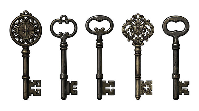 Five antique ornate skeleton keys with intricate designs and varying shapes are displayed, representing concepts of access, mystery, and security.