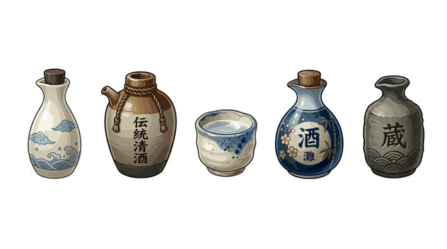 Japanese sake bottles and cups with traditional designs showcasing various styles of ceramic tokkuri, choko, and jugs used for serving rice wine.
