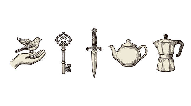 Various vintage engraved objects including a bird perched on a hand, an ornate key, a sharp dagger, a classic teapot, and a traditional moka pot coffee maker.