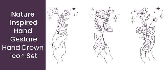 Obraz premium Elegant Hand Drawn Female Gestures with Botanical Elements with vector illustration