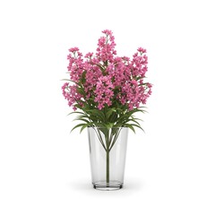 Obraz premium Lush bouquet of small pink flowers in clear glass vase on pristine white background.