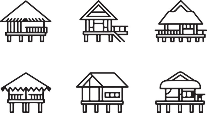 Tropical bungalows vector icon. water huts on stilts icon in flat filled and outline stroke line art