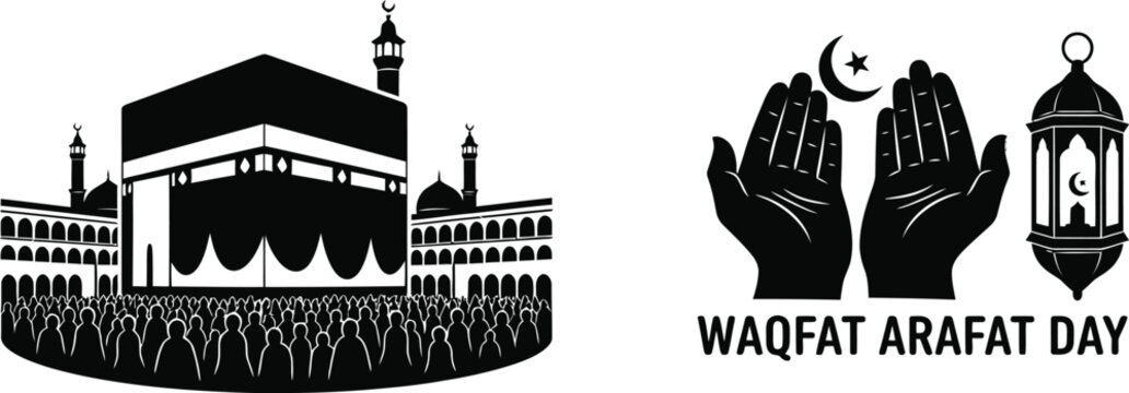 Islamic symbols depicting the kaaba praying hands and a lantern