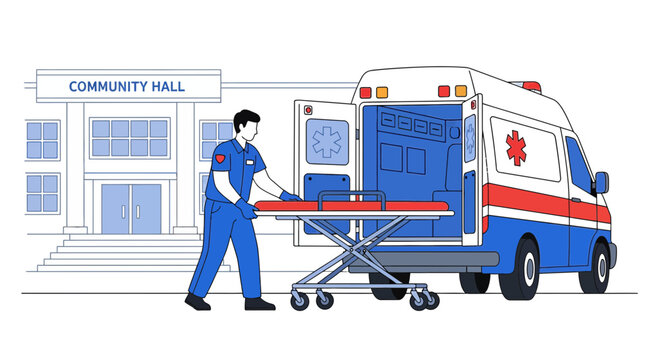 Paramedic with Stretcher Outside Community Hall, Ambulance Ready for Patient Transport