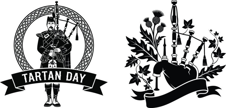 Scottish bagpiper and thistle design celebrating tartan day traditions
