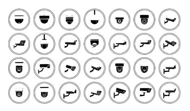 CCTV camera icons in circular frames vector set with modern surveillance design